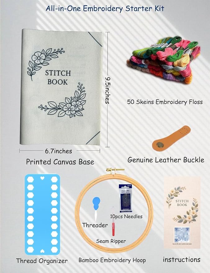 Linhao Jew Embroidery Stitch Book Kit for Beginners, Embroidery Starter Set for Adults DIY Hand Sewing Kits with Threads&Tools，Step-by-Step Video Tutorials