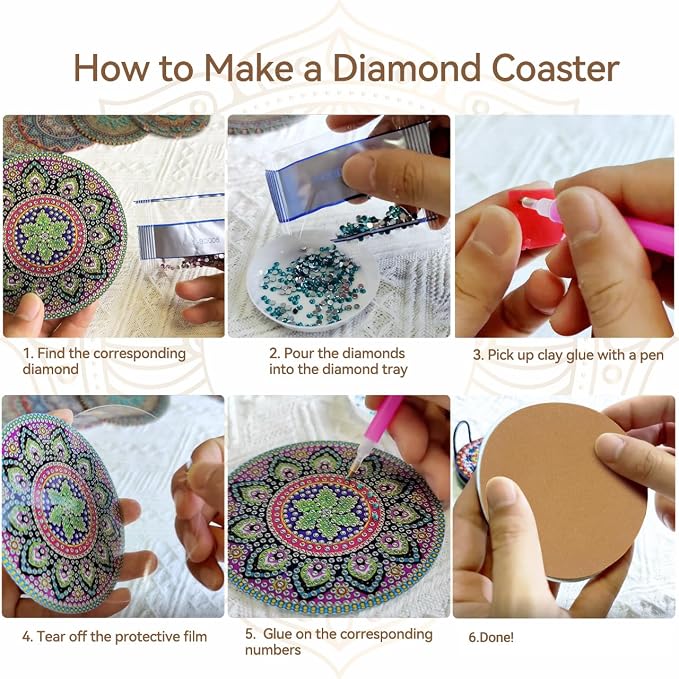 Vcekract 6 Pcs Mandala Diamond Art Coasters Kit for Adults | Diamond Painting Coasters with Holder & Protective Backing, Diamond Art Adult Crafts for Table Home Decoration