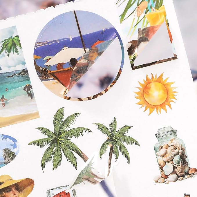 PRSTINCOL Summer Beach Stickers Book,50 Sheets Vintage Ocean Sticker Book for Journaling Scrapbooking,8.3x5.5 Inch Aesthetic Surf Stickers for Adults Crafts