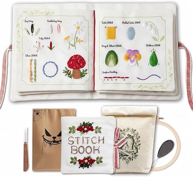 TenDawn Embroidery Stitch Book Kit for Beginners, 32 Essential Stitches | Structured Learning Order for Adults, DIY Sewing Kit with Floral Motifs, Practice Patterns