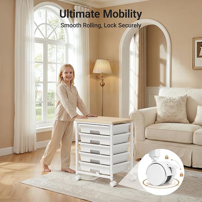 Pipishell Rolling Cart with 5 Drawers, Craft Storage Cart, Class White