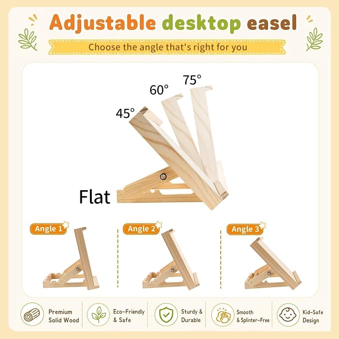 Tabletop Easels for Kids Painting with Paper Roll Dispenser | (Paper Roll Not Included), 3 Angles Adjustable Art Drawing Board, Wood 13.8" x 11.4" Portable Fodable Easel with Gift Box