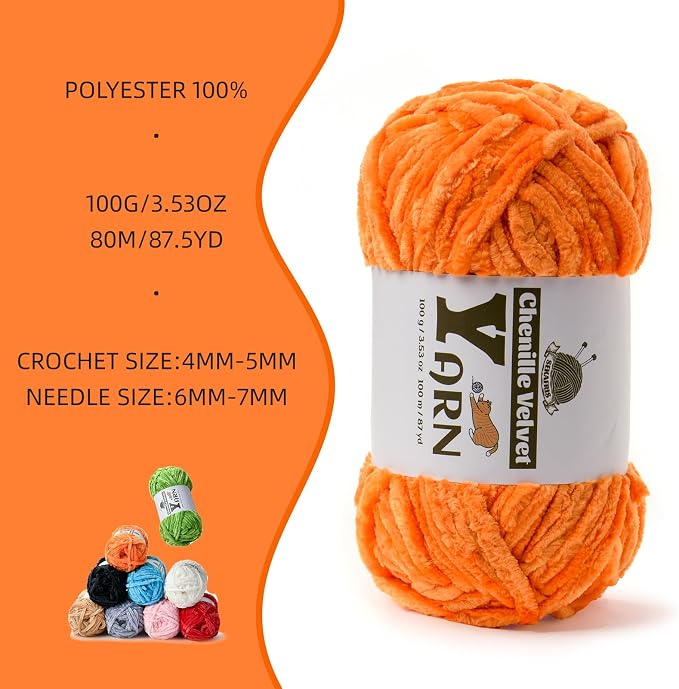 Chenille Crochet Orange Yarn 2 Pack