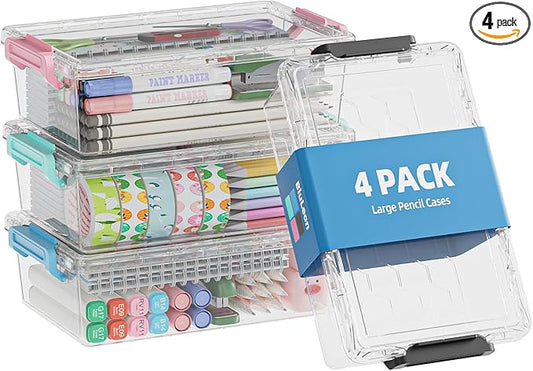 BiuLeon 4 Pack Extra Large Pencil Box, Plastic Pencil Case Organizer, Clear Crayon Box Marker Organizer, Stackable Craft Organizers and Storage for Pen, Craft, Art Supply(Green/Blue/Pink/Black)