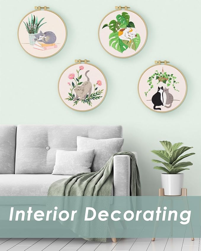 ERKOON 4 Sets Embroidery Kit for Beginners,Hummingbird and Flower Cross Stitch Set for Include Embroidery Cloth Hoops Threads for Craft Lover Hand Stitch (Cat)