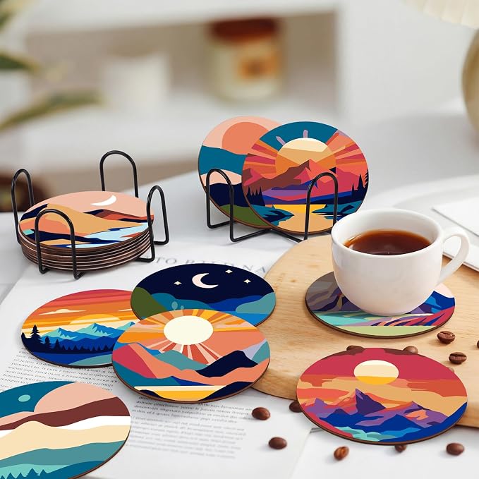 Reallnaive 16 Pcs Mountain Paint by Numbers Kit for Adults Wooden Coasters | Mini Paint by Numbers, Tiny Landscape Round Oil Painting Drink Coaster with Holder, for Small DIY Craft Birthday Gift