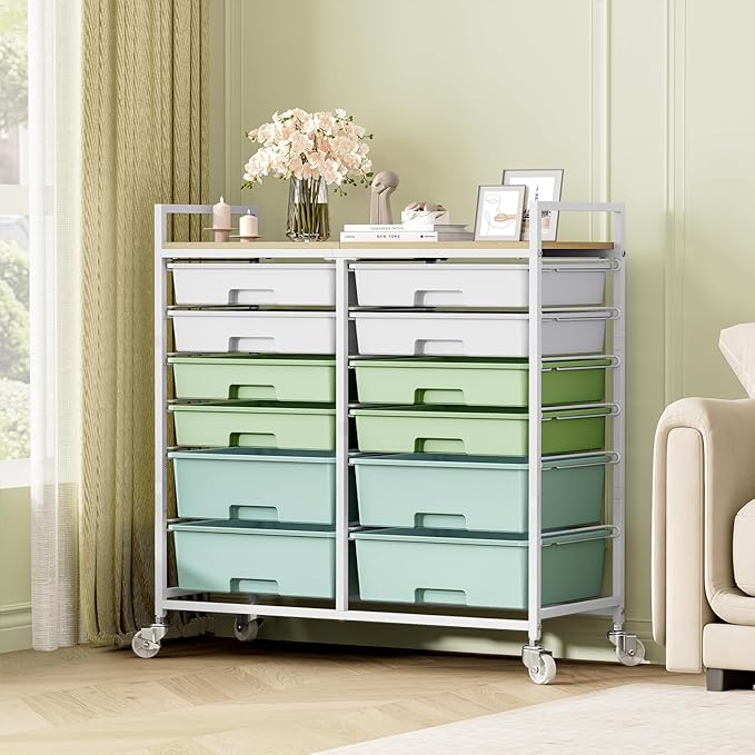 TOOLF 12 Drawers Rolling Storage Cart with Wooden Top for Classroom,Green | Teacher Cart Craft Art Supply Organizer, Utility Cart with Lockable Wheels for Home Household Essentials, Office Organization
