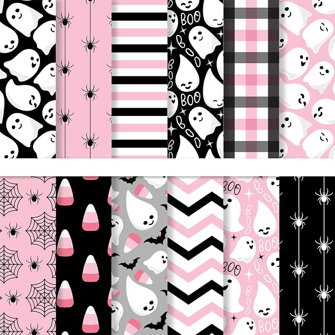 JarThenaAMCS 24 Sheet Halloween Little Boo Pattern Paper Black Pink Ghost Spider Bat Scrapbook Specialty Paper Double Sided Craft Papers for DIY Card Making Photo Album Decor, 6 x 6 Inch