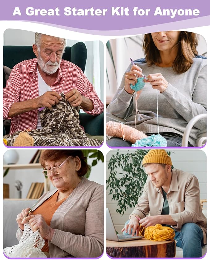 Aeelike Crochet Kit for Beginners Adults Kids, Complete Crochet Set, Purple | Crochet Kit for Beginners Young and Old, All-inclusive Kit with Crochet Hooks 655 Yards Yarn Instruction Knit Bag, Ideal Gift