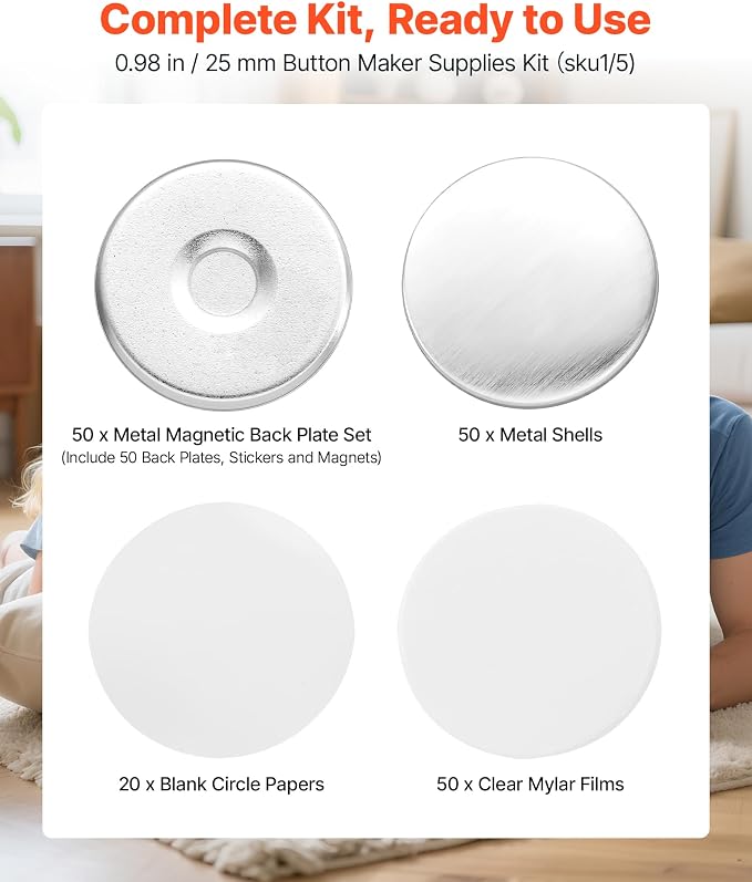 VEVOR Button Maker Supplies 50 Sets 1 in / 25 mm Refrigerator Magnets, Button Parts with Magnetic Backs, Metal Shells, Clear Mylar Films, and Blank Circle Papers, for Home DIY and Kitchen Decor