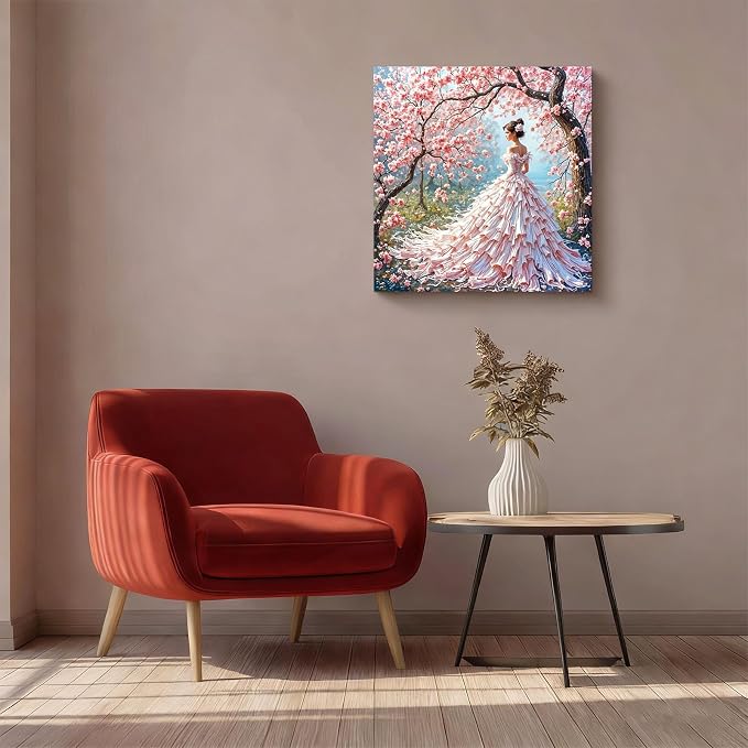 Gemozaic Elegant Woman Paint by Numbers Kit for Adults, 16x16 in, Unframed | Pink Dress Lady Paint by Number for Adults, Romantic Cherry Blossom Tree Acrylic Numbers Painting for Home, Wall Decor, Gift