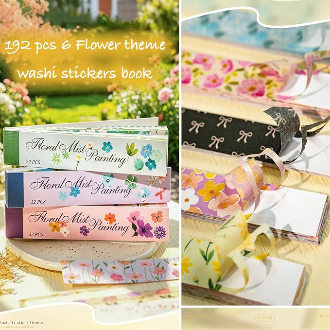 Aromoty Slim 192Pcs Washi Stickers Book Kit, 6 Sets Flowers