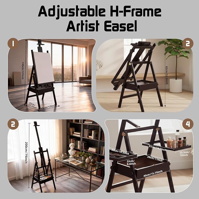Beech Wood H-Frame Easel for Painting with Tray & Drawer, Walnut