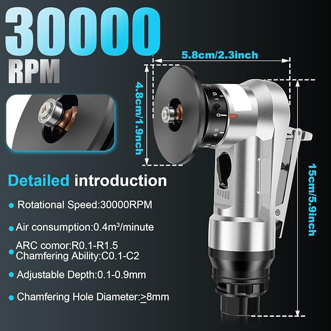 Mini Pneumatic Chamfering Machine, 30000 RPM Portable Air Beveling Machine with 1/4 Inch Air Inlet Handheld, 45° Mini Chamfering Machine Air Tools with Blades for Beveling Deburring