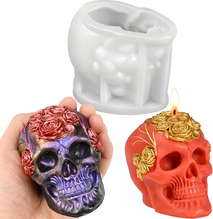 Skull Molds for Resin, 3D Rose Style Skull Head Casting Molds | Soft Skull Silicone Mold for Candle Making, Epoxy Resin Craft, Handmade Soap, Plaster Clay, Halloween Party Gifts Home Decor