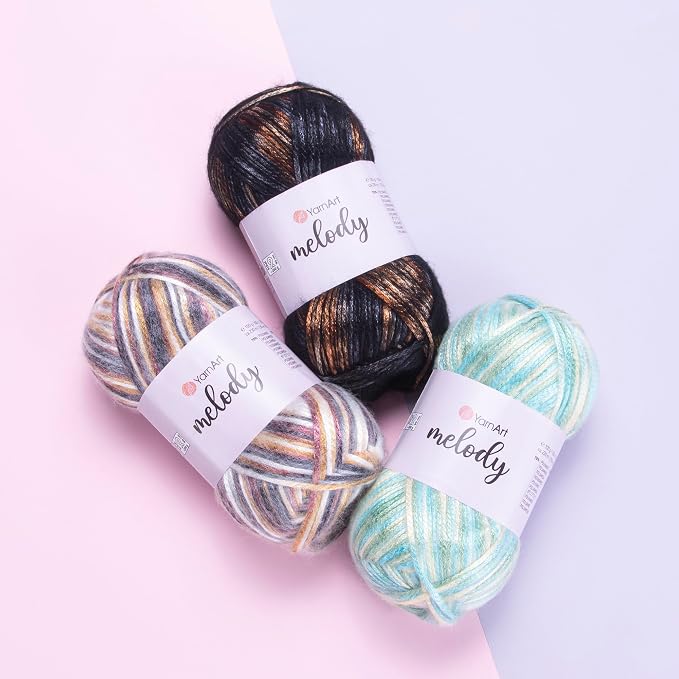 YarnArt Melody Variegated Chainette – Metallic Sheen Fiber for Knitting, Crochet & Embroidery, 100g (3.5 oz) Skein, 230m (251 yd), Premium Blend of 70% Polyamide 21% Acrylic 9% Wool (909)
