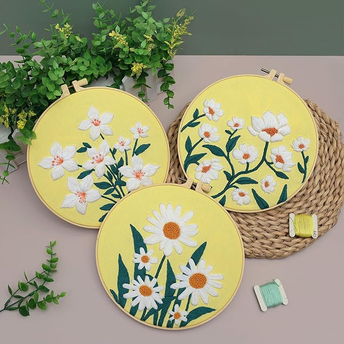 Louise Maelys 3 Pack Floral Embroidery Kit for Beginners with Supplies | Pre-printed Patterns|Hoop| Threads|Instructions|Ideal Cross Stitch Kits for Adults|DIY Needlepoint Kit for Starter Supplies