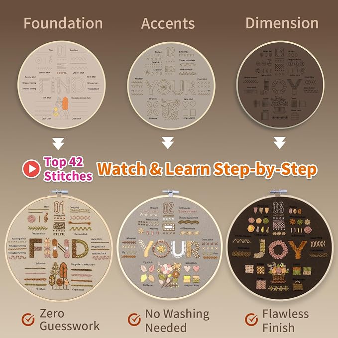ETSPIL Embroidery Kit for Adults, 42 Stitches, 4K Video, Storage Bag | Stamped Floral Letters FIND YOUR JOY. Step-by-Step Guide. 20% Extra Floss. Beginner-Friendly. Relaxing Craft for Women
