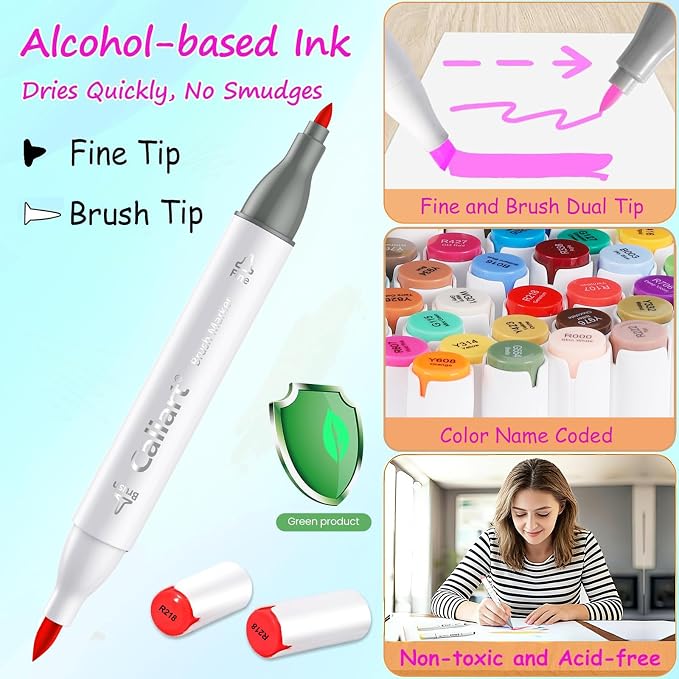 Caliart Alcohol Markers 41 Colors Brush & Fine Dual Tip Art Markers Pen Set | Sketch Drawing Colored Markers for Adult Artists Illustration Highlighting, Permanent Pens with Portable Carry Art Supplies