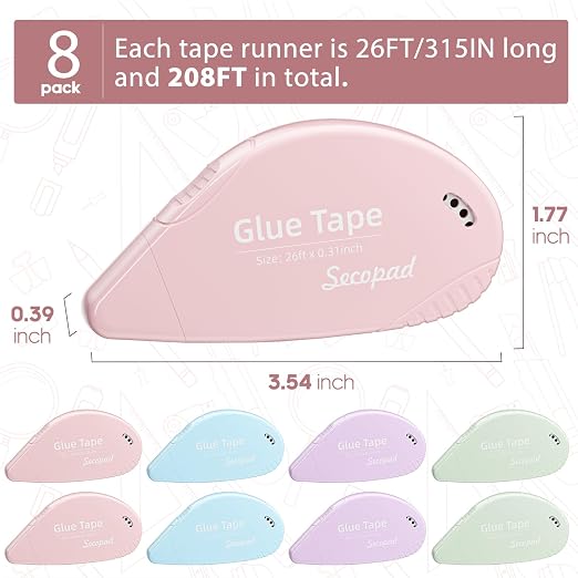 Secopad Scrapbook Tape, 8 Pack Glue Tape, Opaque Light-Colored Shell | 0.3IN x 26FT, Sticky & Safe, Double Sided Tape for Crafts, Scrapbooking Junk Journaling Supplies, For School Office Teachers
