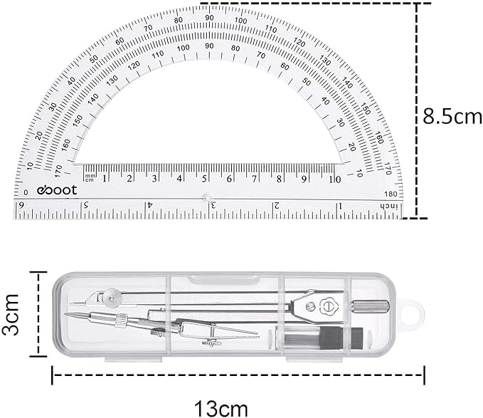 EBOOT Drawing Compass and 6 in Protractor Geometry Set, Clear | Geometry Math Set, Swing Arm Protractor Ruler Compass, Geometry Drawing Tools for Measuring Angles