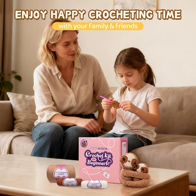 Mewaii Crochet Kit for Beginners, 2 Pack Sloth Craft Set | 40% Extra Yarn, Video Tutorial, Pre-Started Piece, Beginner Friendly, Family Craft Gift for Adults & Kids