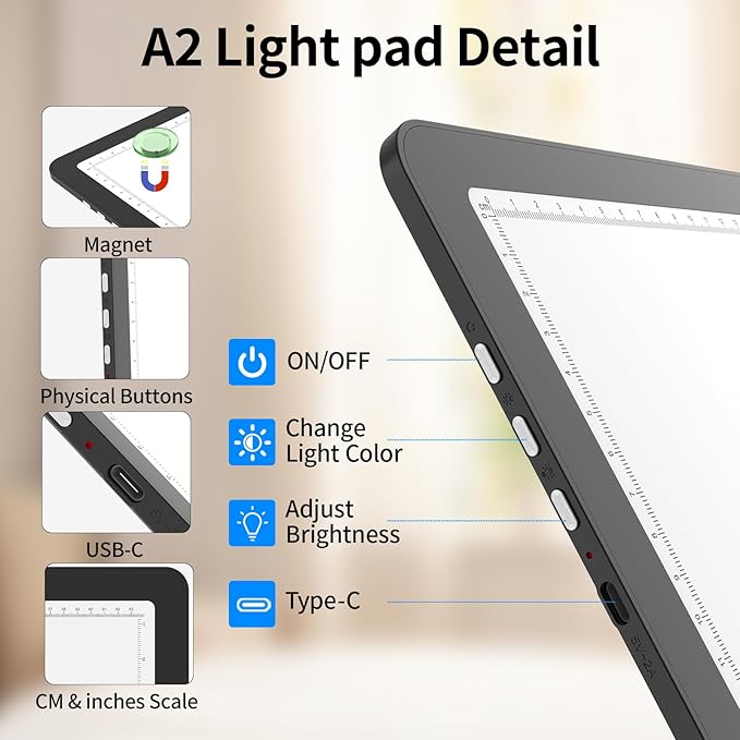 TOHETO A2 Light Pad 25.2''x18.4'', Large Magnetic LED Light Board for Diamond Painting, 3-Color Modes Light Box for Tracing, 6-Level & Stepless Dimmerable Diamond Art Light Table for Drawing,Sketching
