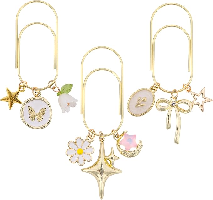 Charm Metal Bookmark Gift - 3 PCs Cute Bow Butterfly Flower Star Paperclip Book Mark Large Unique Aesthetic Page Marker Planner Paper Clip Reading Lover Women Girl Birthday School Supplies