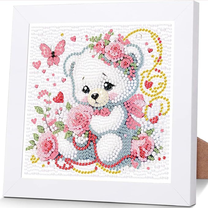 ajepon Bear Diamond Art Kits for Kids with Frame, Animal Diamond Art for Kids Ages 8-12, Cartoon Bear Diamond Painting Kits for Kid with Beautiful Package for Gift Home Wall Decor(7x7inch)