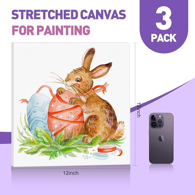 ESRICH Stretched Canvas for Painting 12x12 Inch, 3 Pack Square Painting Canvas -5/8 in Profile Primed Cotton White Blank Canvases for Painting for Oil & Acrylic Paint