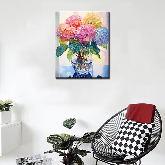 Tucocoo Hydrangea in Glass Vase Window Landscape Paint by Numbers for Adults Beautiful Flower DIY Paint by Numbers Acrylic Paint Canvas Colorful Flowers Painting Kits Art 16x20 Inch（Without Frame）