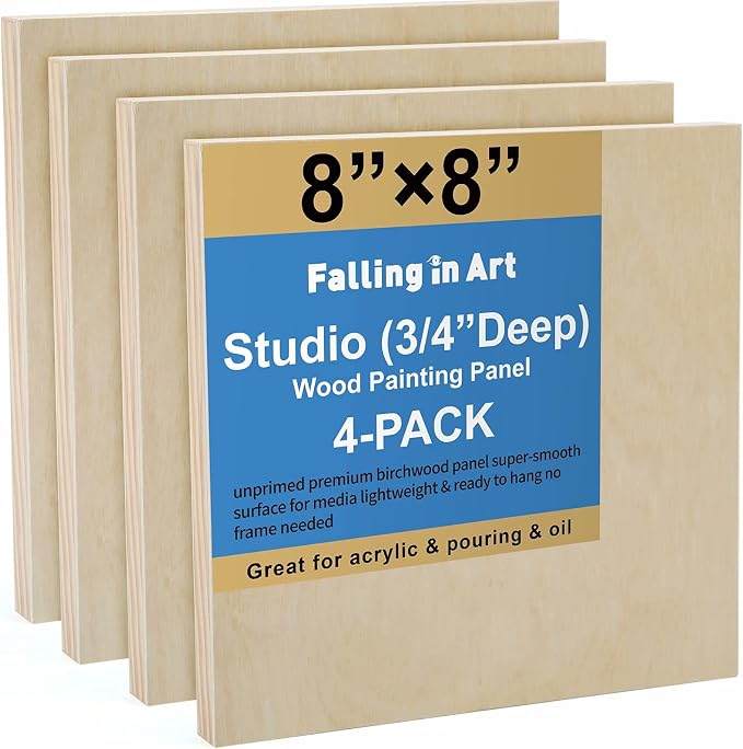 Falling in Art 4 Pack 8x8’’ Unfinished Birch Wood Panels Kit for Painting | Studio 3/4’’ Deep Wooden Canvas, Cradle Boards for Acrylic Pouring, Art, Crafts, Epoxy Resin, Laser Engraving Cutting