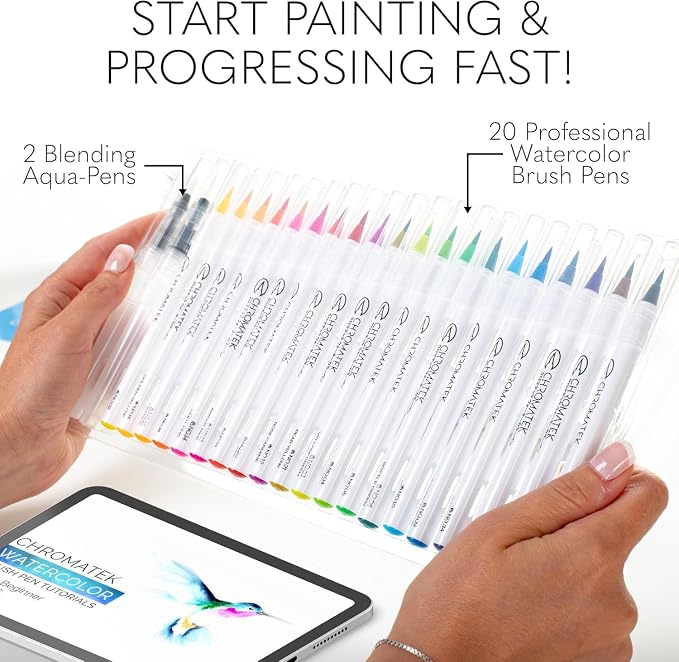 CHROMATEK 22 Watercolor Pens Set | 2 Aquapens & 20 Unique Colors | Brush Pens | Easily Blendable, Vivid, Smooth | Professional Art Supplies