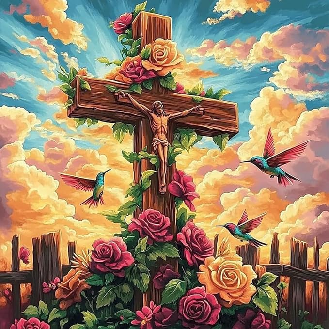 Paint by Numbers Kit for Adults, Christian Cross & Roses Design, 16x16 Inch