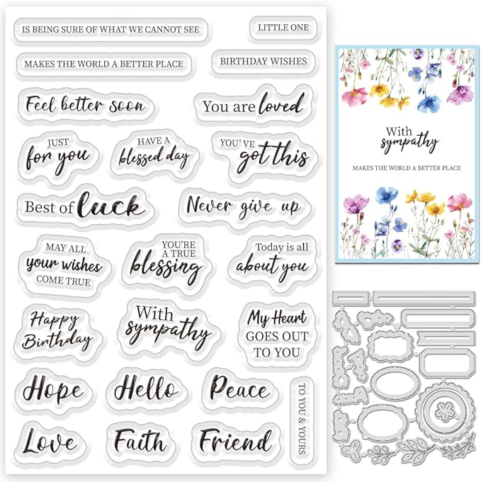 Sentiments Clear Stamps and Metal Cutting Dies for Card Making Greeting Words Silicone Stamp and Die Cuts Set Blessing Words Transparent Stamps for DIY Scrapbooking Paper Craft Supplies