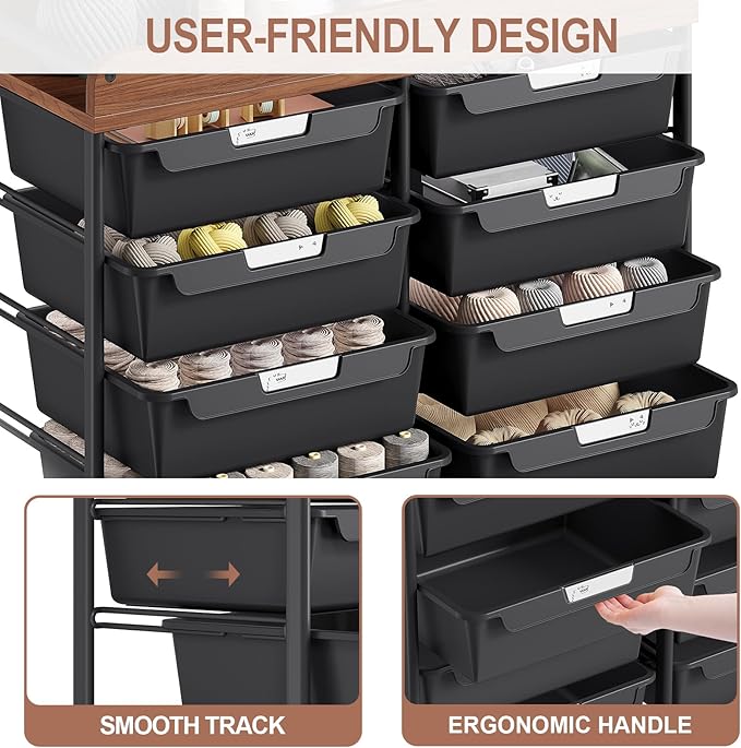 10 Drawers Rolling Cart with Wooden Tabletop, Utility Storage Cart with Wheels, Art Supply Craft Organizer on Wheel with Metal Frame & Handles for Home Office School,Black | Easy Setup, Large Capacity, Sturdy Build, Lockable Mobility, For office, class...