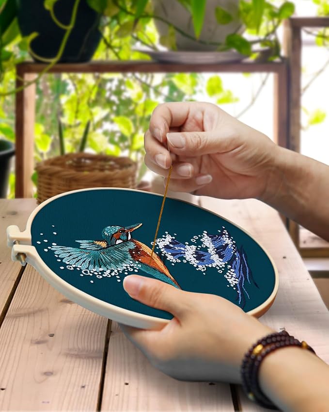 TINDTOP Embroidery Kit for Beginners Adult, Kingfisher Embroidery Kit for Beginners Include Embroidery Cloth Hoops Threads for Craft Lover Hand Stitch with Embroidery Skill Techniques | for Beginners Include Embroidery Cloth Hoops Threads for Craft Lov...