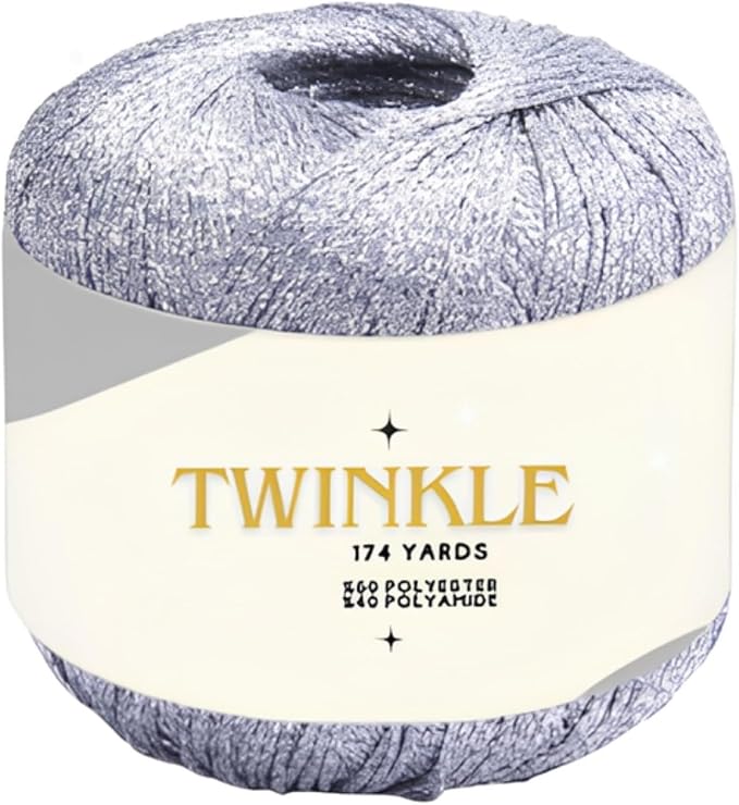 Pack 1 Twinkle Metallic Glitter Yarn Sparkle Fine 1 Light Fingering Weight Worsted Gold Silver for Crochet Knitting, 25g 0.88oz, 175yard Soft Craft Shawls Bags Lurex (Silver Shimmer, Pack 1)