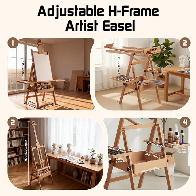 Beech Wood H-Frame Easel for Painting with Tray & Drawer, Natural