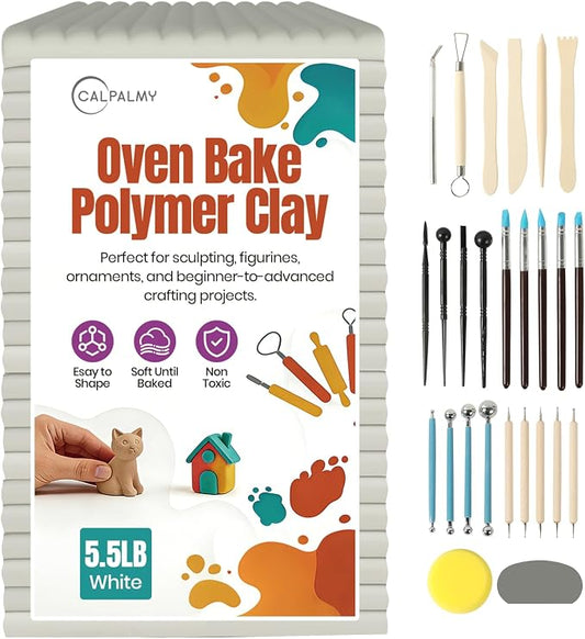 CALPALMY Oven Bake Polymer Clay 5.5lb with Tools Kit, White Sculpting Material for Modeling & Crafts, Soft Until Baked, Non-Toxic DIY Clay for Figurines, Miniatures, Jewelry & Pottery Projects