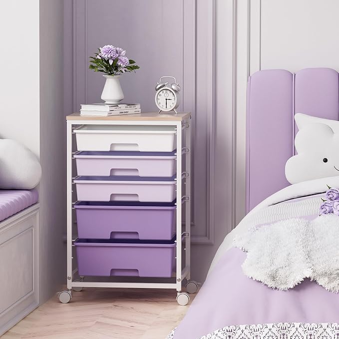 SYKIARIOL Utility Cart with 5 Drawers with Wooden Top,Purple | 5-Tiers Storage Cart with Drawers with Lockable Wheels for Craft Organizers and Storage,Home Office,Classroom,Dorm ,Playroom