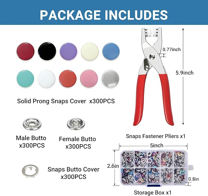 300 Sets Metal Snap Buttons with Fastener Pliers Press Tool Kit, 10 Colors Solid Sewing Snaps for Fabric,Prong Snap Button Kits for DIY Crafting Clothing Sewing (9.5mm / 1200 PCS)