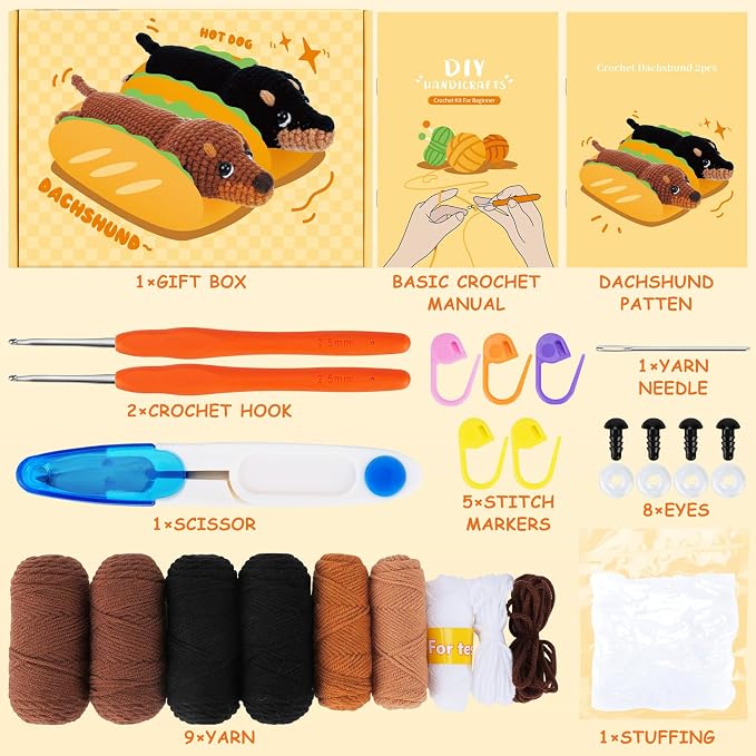 Fortuning's JDS Crochet Kit for Beginners, 2 PCS Dachshund Crochet Kits