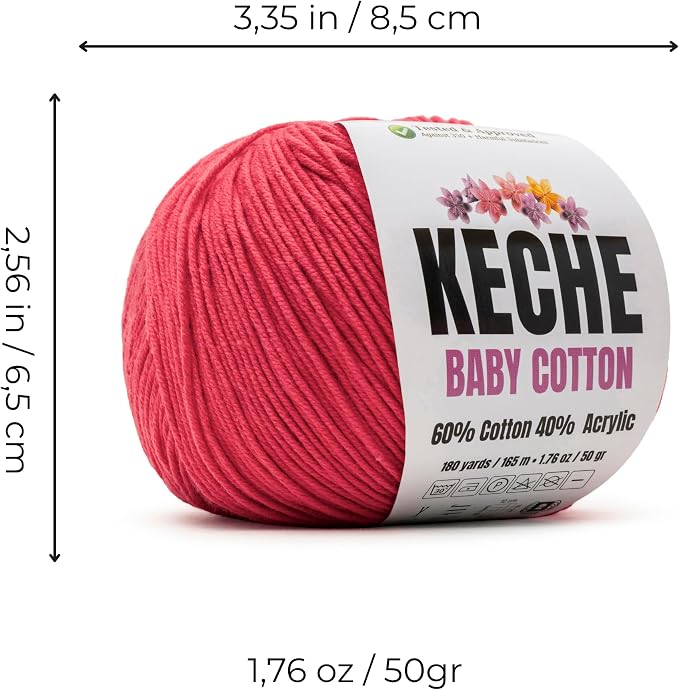 Keche Baby Cotton, 60% Cotton 40% Acrylic Yarn, Soft Cotton Yarn for Crochet and Knitting, Amigurumi Yarn 1 Skein/Ball 1.76 Oz (50g) / 180 Yrds (165m) - Watermelon