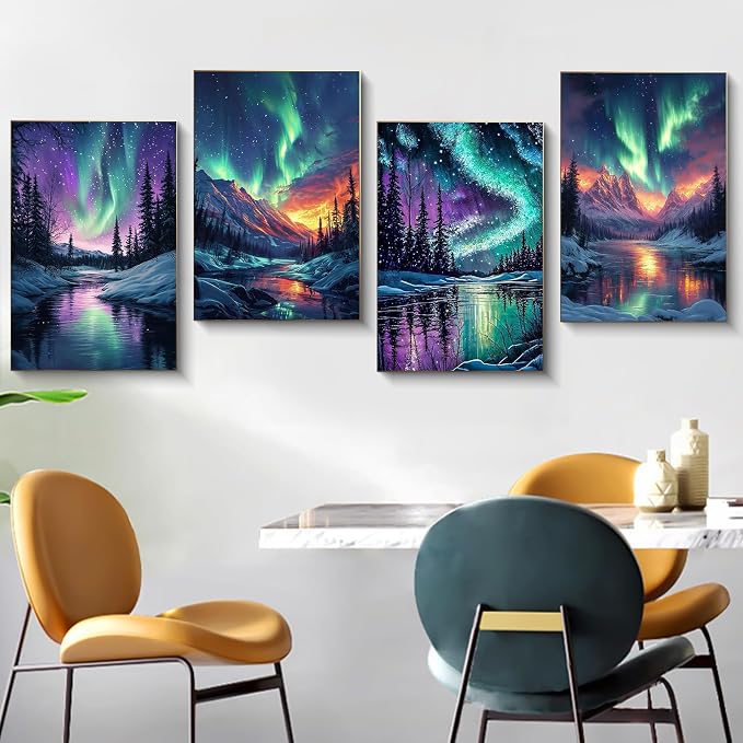 4 Pack Framed Paint by Numbers Kit for Adults Aurora with Wooden Easel | With Frame Canvas 8x12 IN, For Adults Beginner, DIY Acrylic Painting, Stress Relief Craft Kits, Home Wall Decor Gift