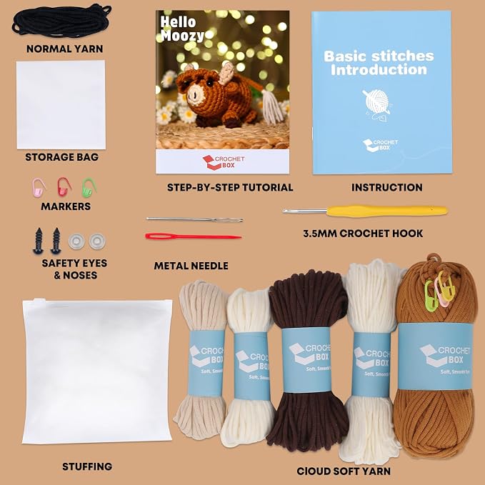 CrochetBox Crochet Kit for Beginners Adults - Highland Cow Starters Crochet Kit, Beginners Crocheting Kitting for Adults Teen, Craft Gifts with Crochets Yarns, Hook, Step-by-Step Video, Instruction