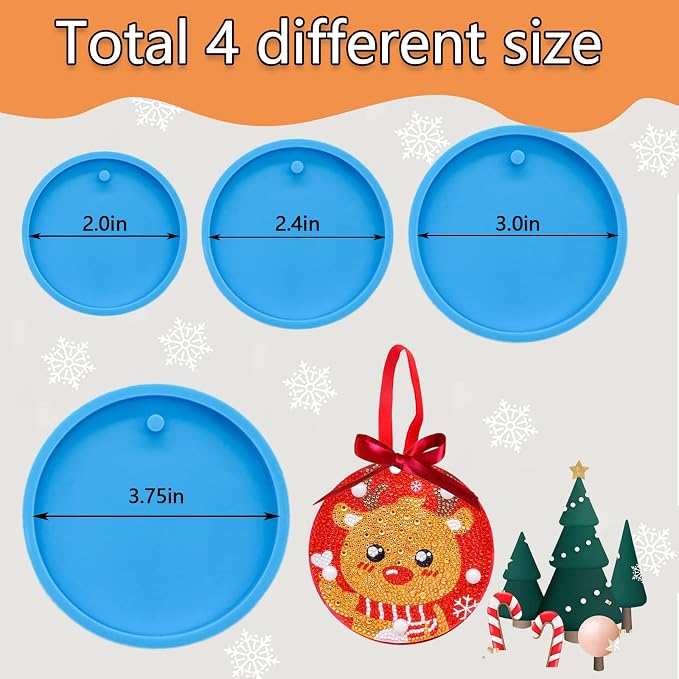 MEMOVAN Christmas Ornaments Resin Molds with Hole 4pcs Round Silicone Coaster Molds Round Pendant Casting Molds for Epoxy Resin Christmas Tree Decorations IY Crafts Keychain Making