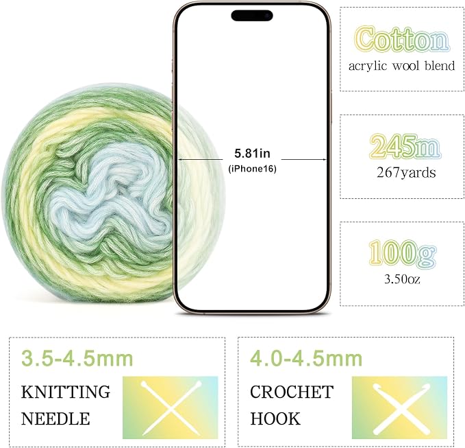 Katech 4 Pack Ombre Yarn for Crocheting & Knitting-Gradient Cake Yarn | 4x100g 60% Cotton 30% Acrylic 11% Wool-Multicolor Soft Cotton Crochet Yarn for Scarves, Shawls, Blankets and Garments(R)