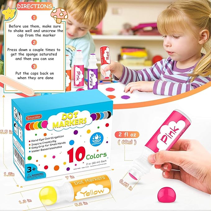 Soucolor 20 PCS 10 Colors Kids Washable Dot Markers,48 Page Activity Book