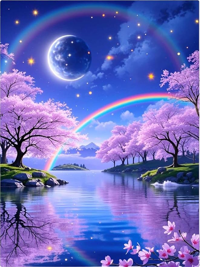 PINFFSHU 5D Diamond Painting Kits for Adults - Fantasy Starry Sky, Pink Cherry Blossoms & Magical Moonlit Rainbows DIY Full Drill Art, Sparkling Enchanted Landscape Wall Decor 12x16 Inches (30x40cm)